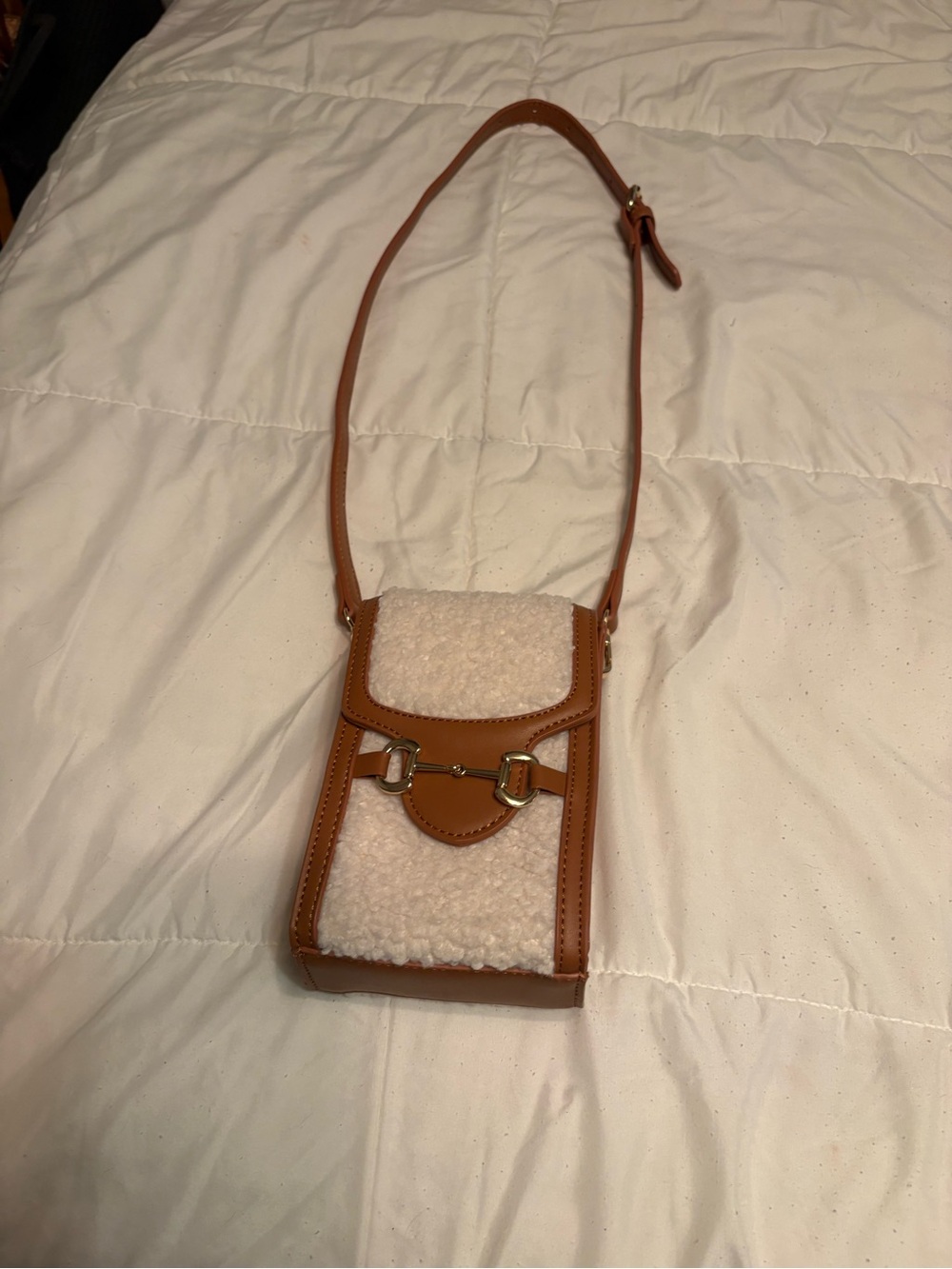 Tan Faux Shearling Crossbody Phone Bag